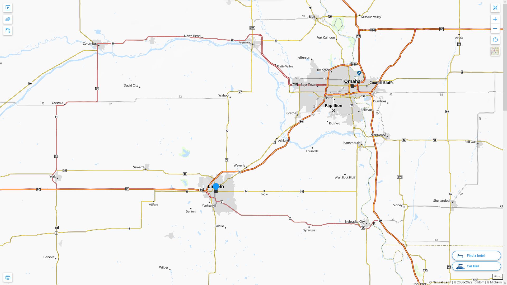 Lincoln Nebraska Highway and Road Map